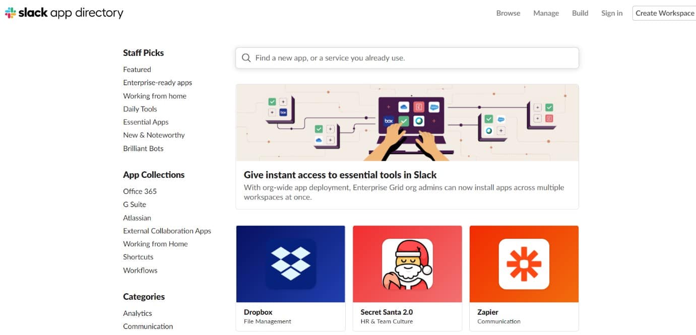 the home page of slack app directory